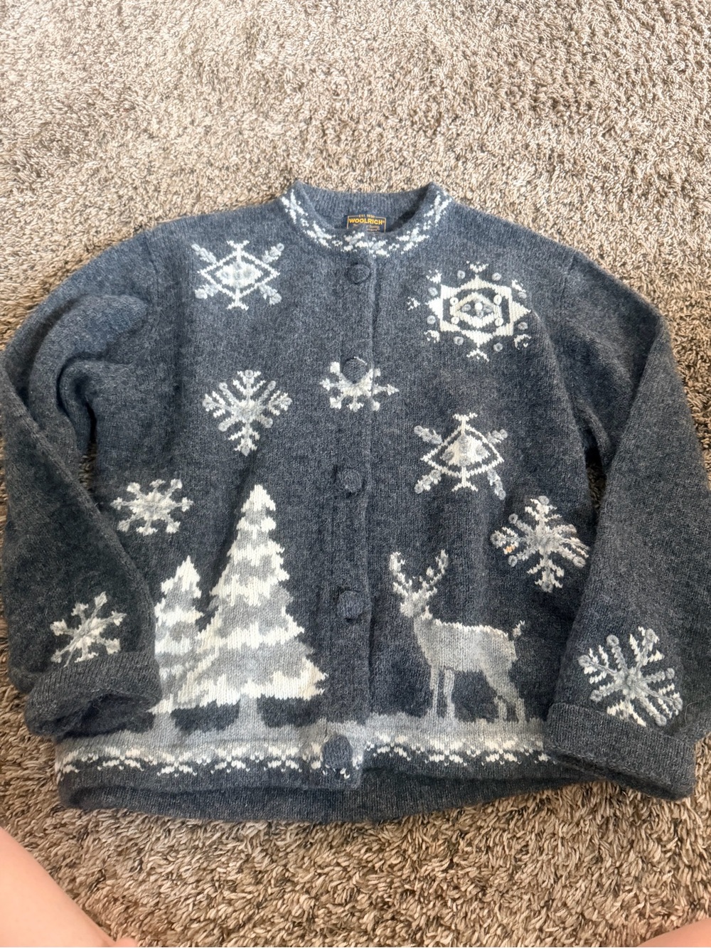 Woolrich Gray Wool Snowflake & Deer Cardigan Sweater